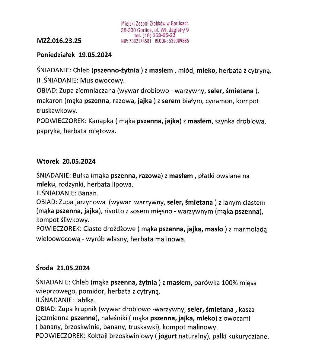 Jadłospis od poniedziałku do środy 