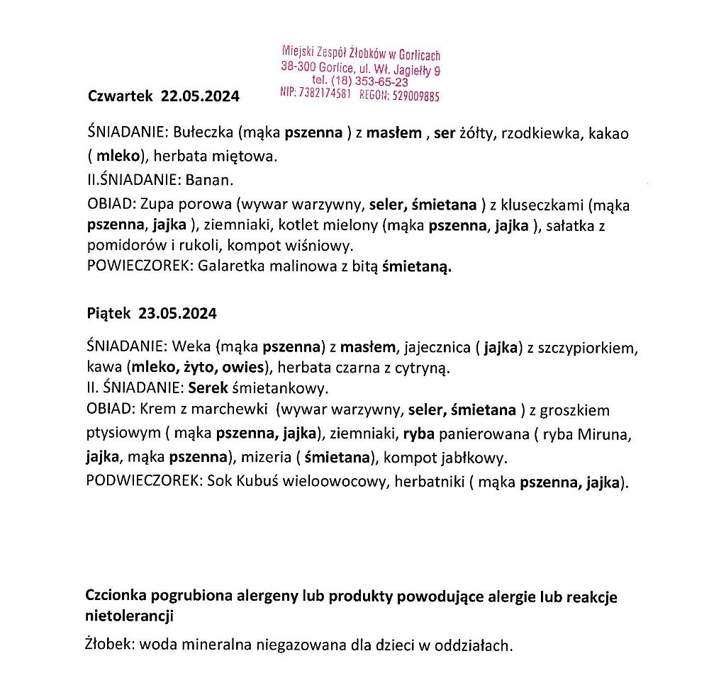 Jadłospis czwartek i piątek 